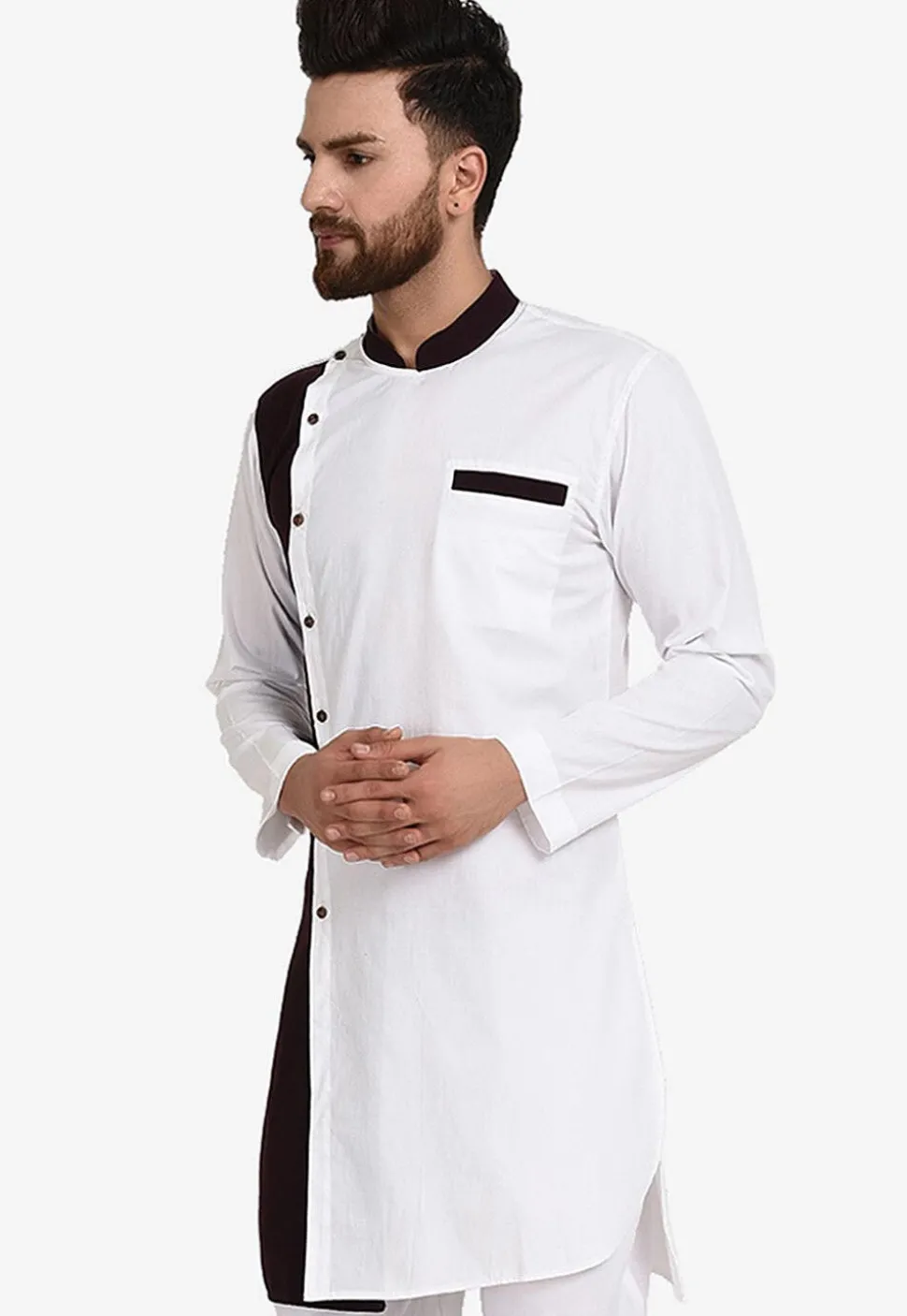 Color Blocked Cotton Kurta in White