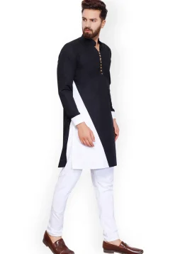 Color Blocked Cotton Kurta Set in Black