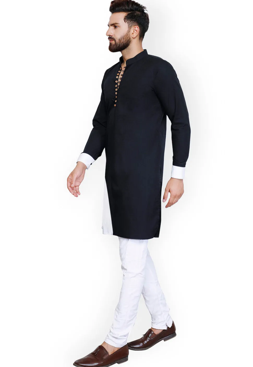 Color Blocked Cotton Kurta Set in Black