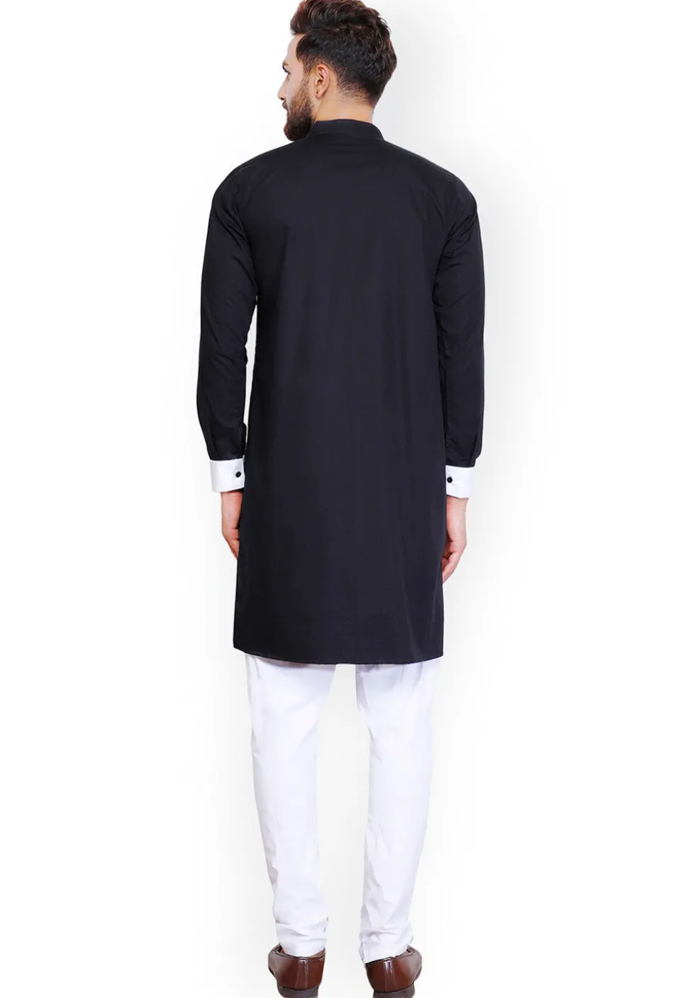 Color Blocked Cotton Kurta Set in Black