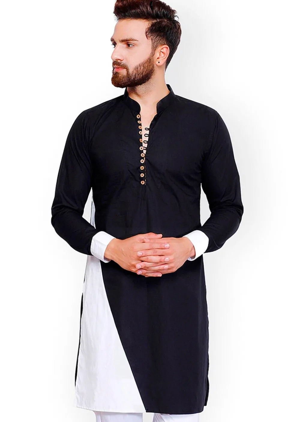 Color Blocked Cotton Kurta in Black