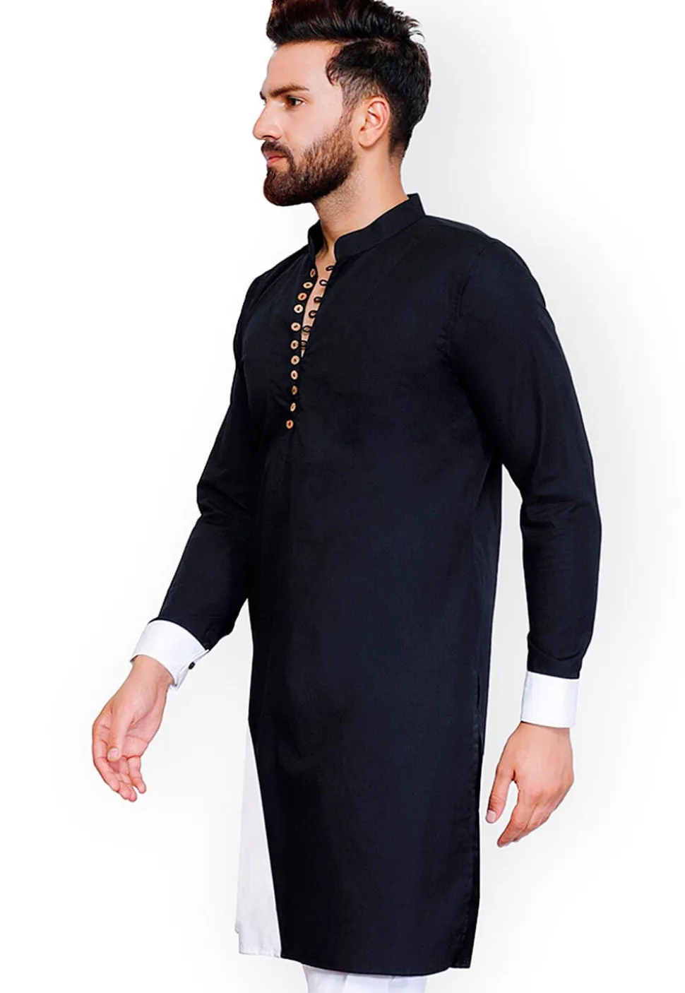 Color Blocked Cotton Kurta in Black