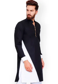 Color Blocked Cotton Kurta in Black