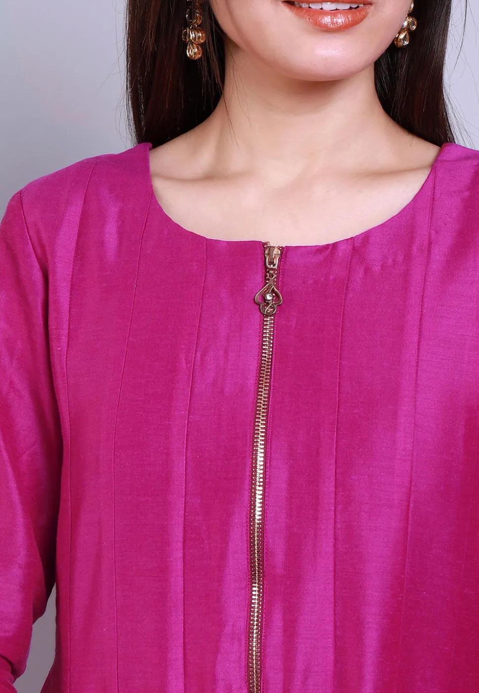 Color Blocked Cotton Silk Anarkali Kurta Set in Magenta