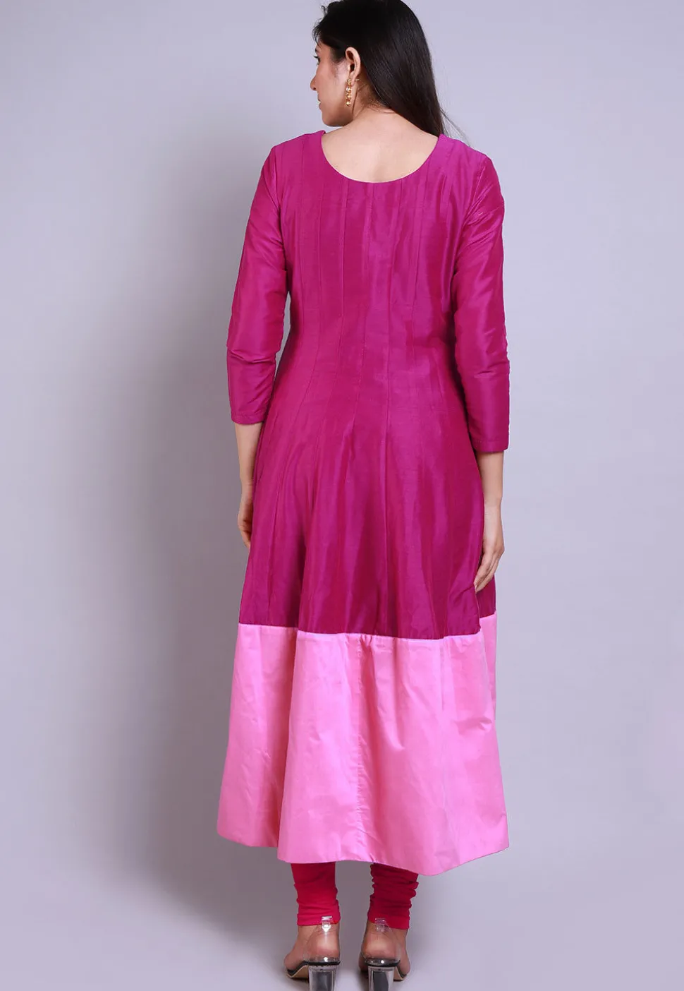 Color Blocked Cotton Silk Anarkali Kurta Set in Magenta