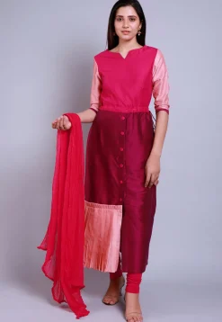 Color Blocked Cotton Silk Straight Suit in Magenta and Fuchsia