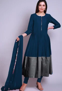 Color Blocked Cotton Silk Anarkali Suit in Blue and Grey