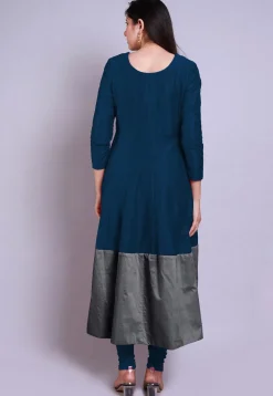 Color Blocked Cotton Silk Anarkali Suit in Blue and Grey