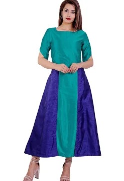 Color Blocked Dupion Silk A Line Kurta in Green and Royal Blue
