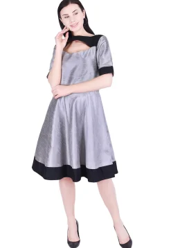 Color Blocked Dupion Silk A Line Dress in Grey and Black