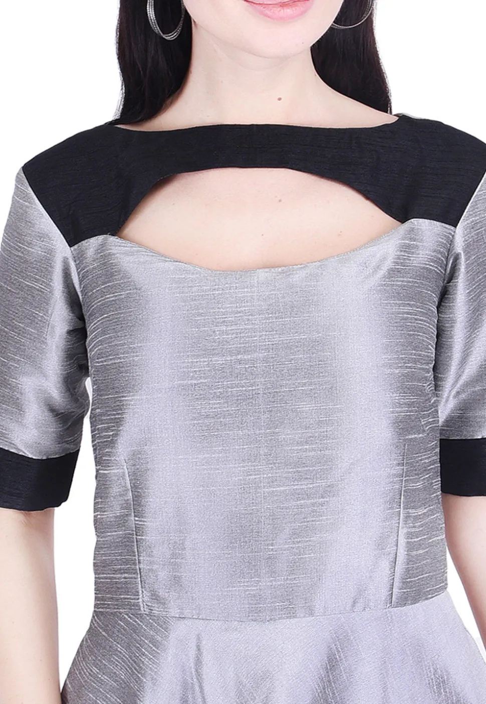 Color Blocked Dupion Silk A Line Dress in Grey and Black