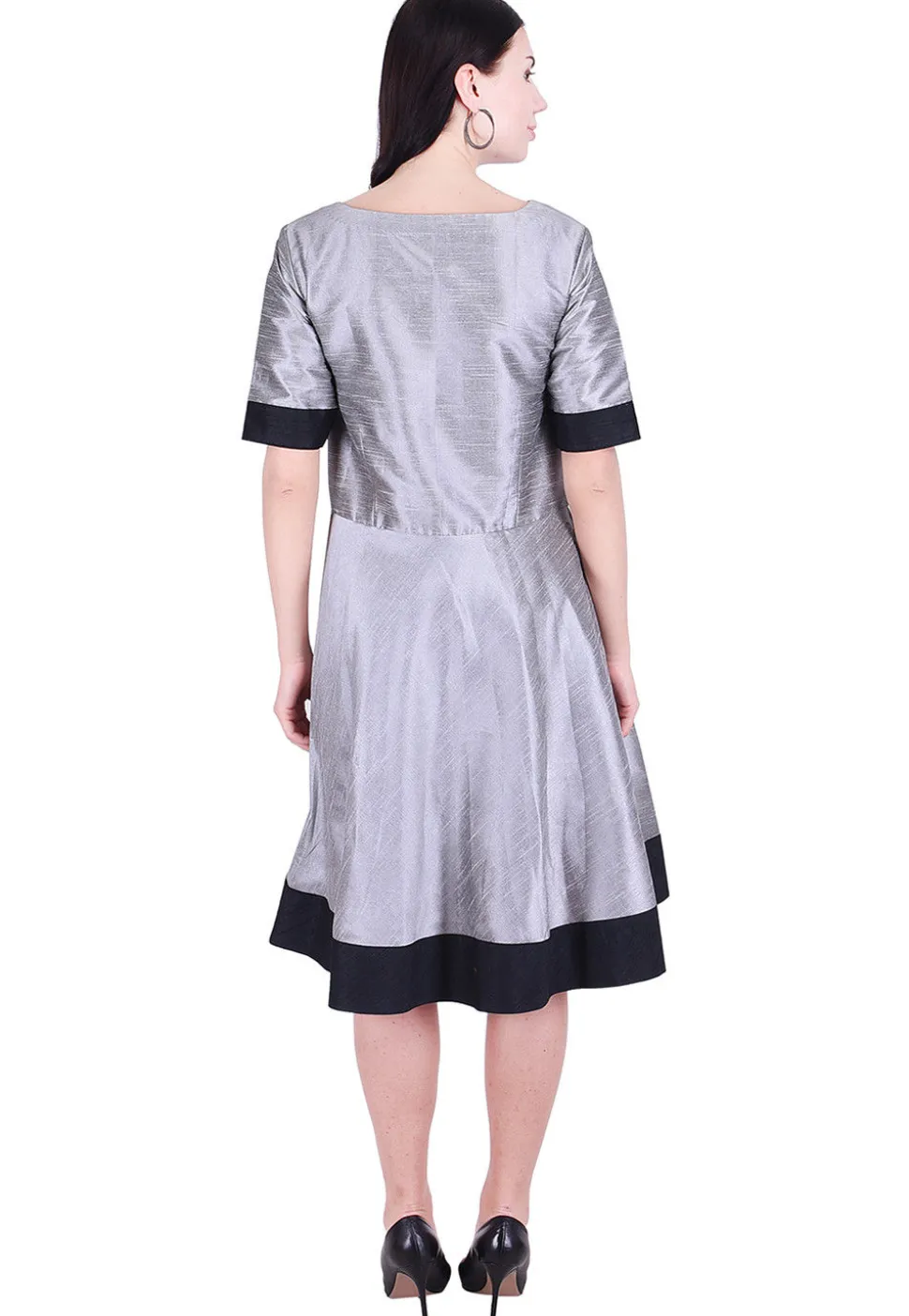 Color Blocked Dupion Silk A Line Dress in Grey and Black