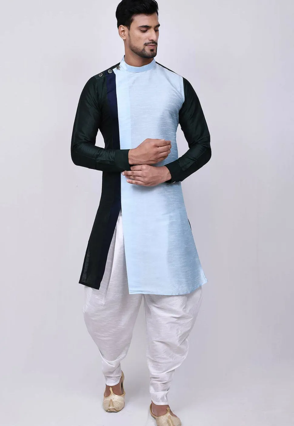Color Blocked Dupion Silk Dhoti Kurta in Sky Blue and Teal Blue