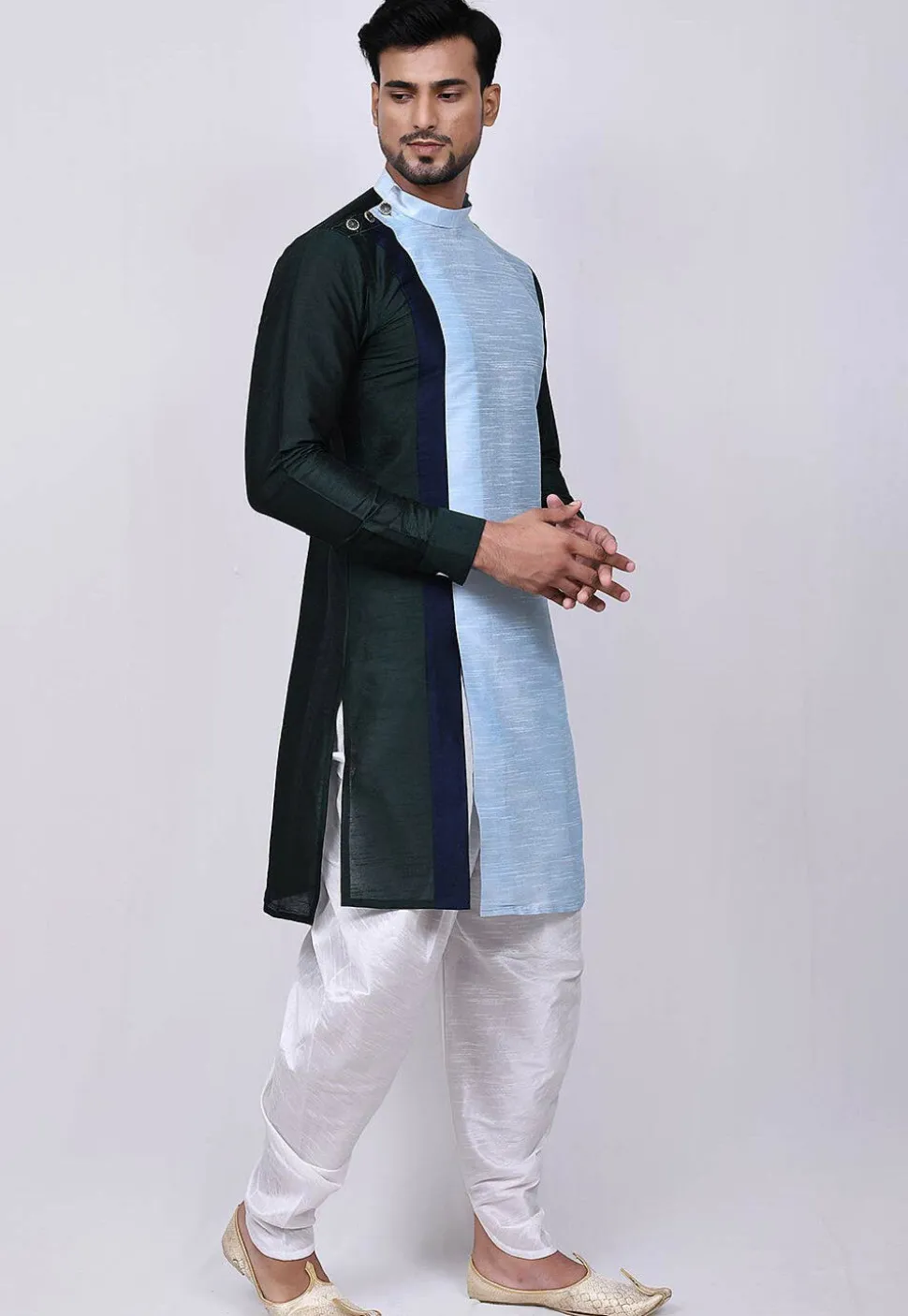 Color Blocked Dupion Silk Dhoti Kurta in Sky Blue and Teal Blue
