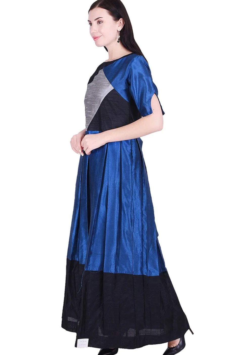 Color Blocked Dupion Silk Pleated Dress in Blue and Black