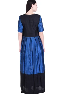 Color Blocked Dupion Silk Pleated Dress in Blue and Black