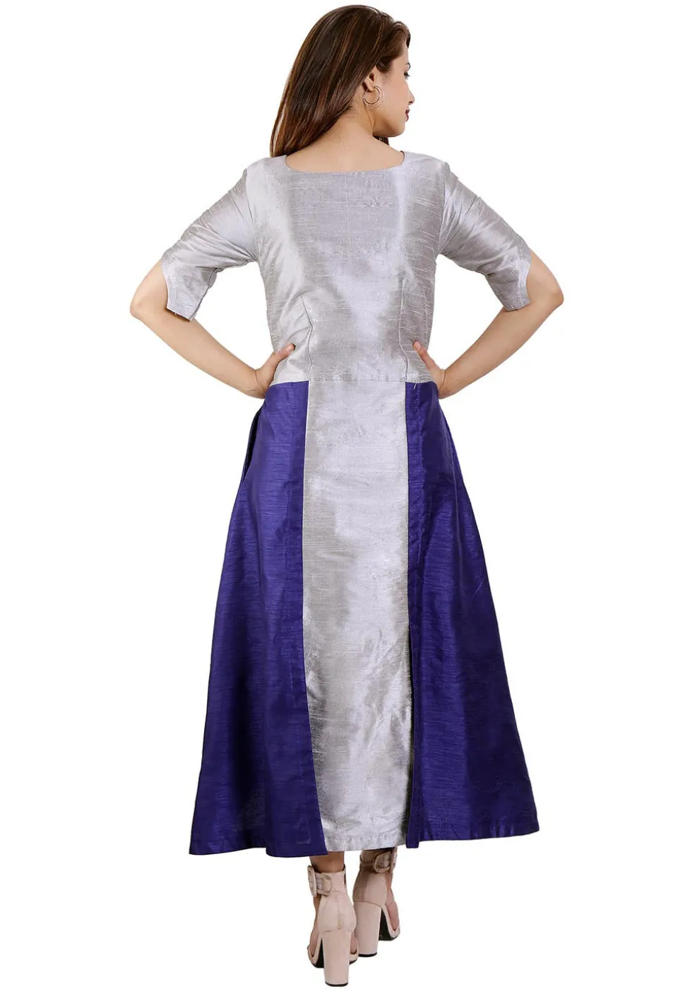 Color Blocked Dupion Silk A Line Kurta in Grey and Navy Blue