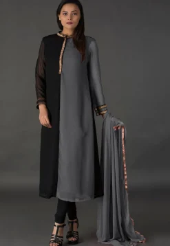 Color Blocked Georgette Straight Suit in Black and Grey