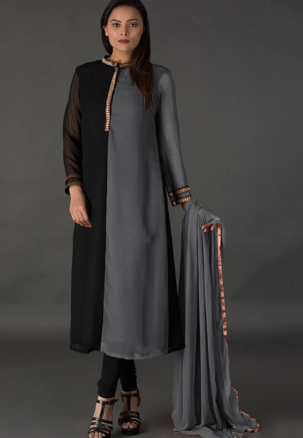 Color Blocked Georgette Straight Suit in Black and Grey