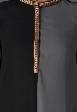 Color Blocked Georgette Straight Suit in Black and Grey