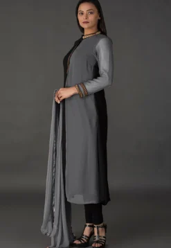 Color Blocked Georgette Straight Suit in Black and Grey