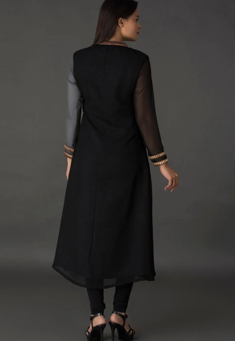 Color Blocked Georgette Straight Suit in Black and Grey