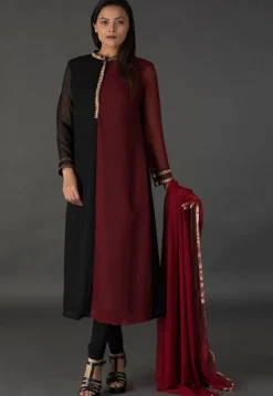 Color Blocked Georgette Straight Suit in Black and Maroon
