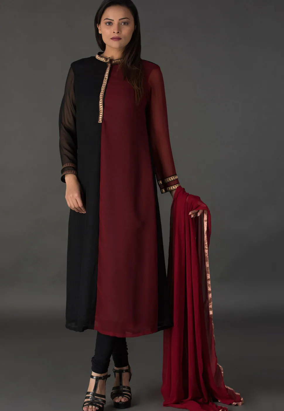 Color Blocked Georgette Straight Suit in Black and Maroon