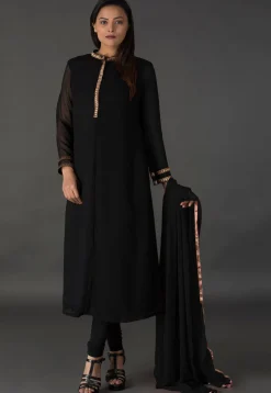 Color Blocked Georgette Straight Suit in Black