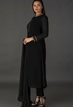 Color Blocked Georgette Straight Suit in Black