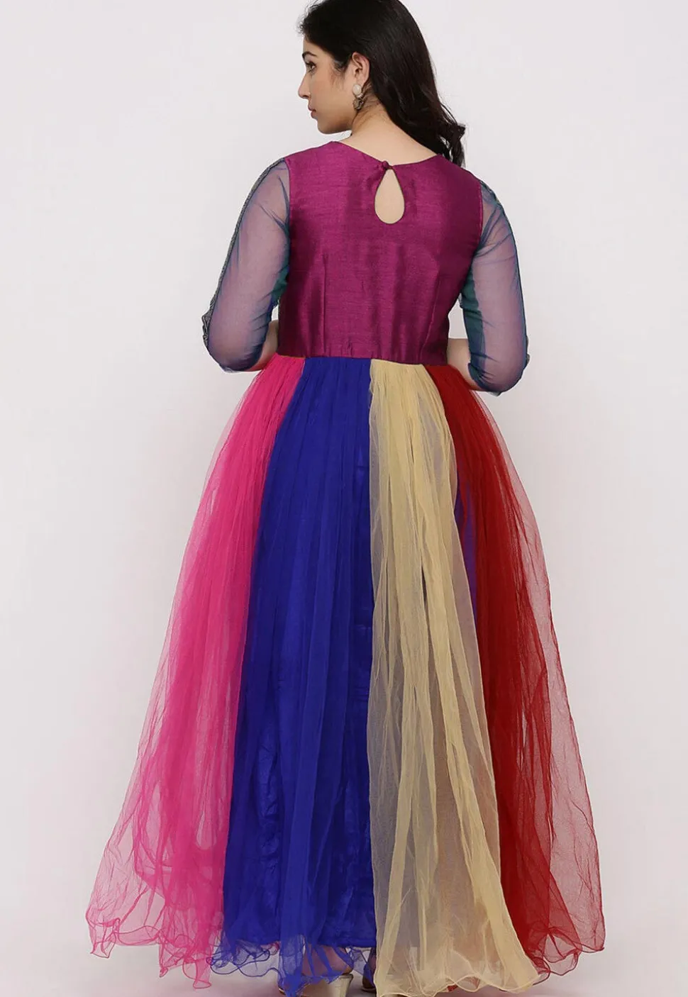 Color Blocked Net Abaya Style Suit in Multicolor