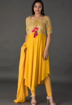 Color Blocked Rayon Asymmetric Suit in Mustard and Beige