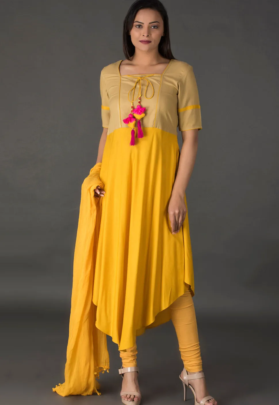 Color Blocked Rayon Asymmetric Suit in Mustard and Beige