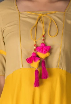 Color Blocked Rayon Asymmetric Suit in Mustard and Beige