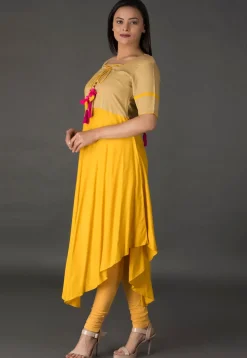 Color Blocked Rayon Asymmetric Suit in Mustard and Beige