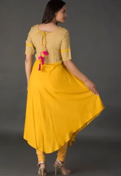 Color Blocked Rayon Asymmetric Suit in Mustard and Beige