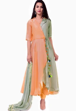 Color Blocked Uppada Silk A Line Suit in Light Peach and Grey