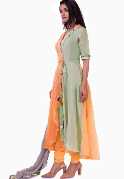Color Blocked Uppada Silk A Line Suit in Light Peach and Grey