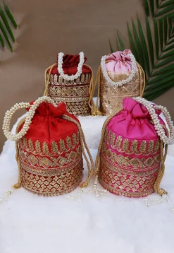 Combo Hand Embroidered Art Silk Potli Bag in Red and Pink