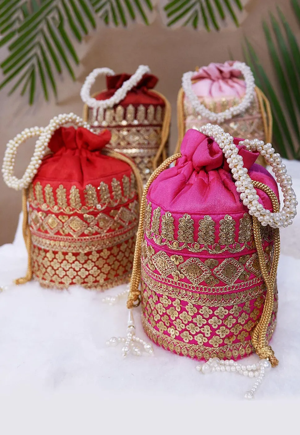 Combo Hand Embroidered Art Silk Potli Bag in Red and Pink