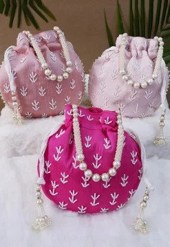 Combo Hand Embroidered Art Silk Potli Bag in Pink