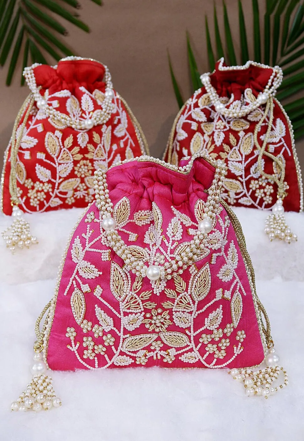 Combo Hand Embroidered Art Silk Potli Bag in Red and Pink