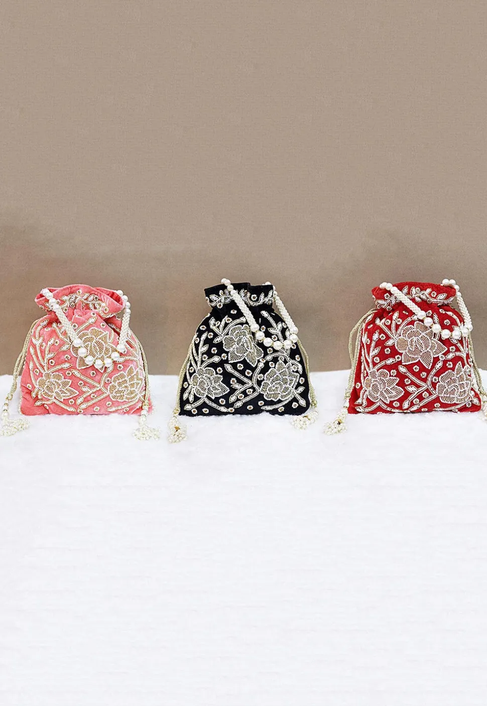 Combo Hand Embroidered Velvet Potli Bag in Multicolor