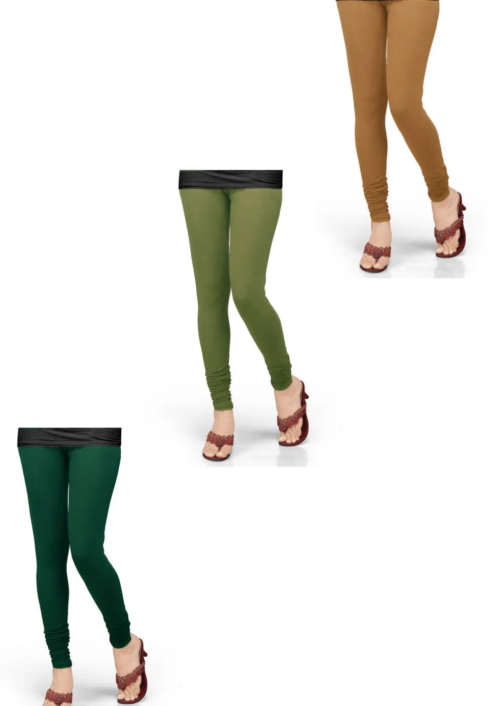 Combo of Solid Color Lycra Leggings in Beige and Green