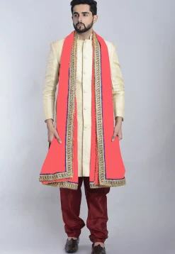 Contrast Border Art Chinon Crepe Dupatta in Coral Peach
