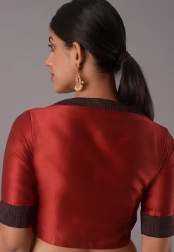 Contrast Border Art Silk Blouse in Maroon