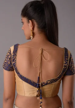 Contrast Border Art Silk Jacquard Blouse in Beige And Navy Blue