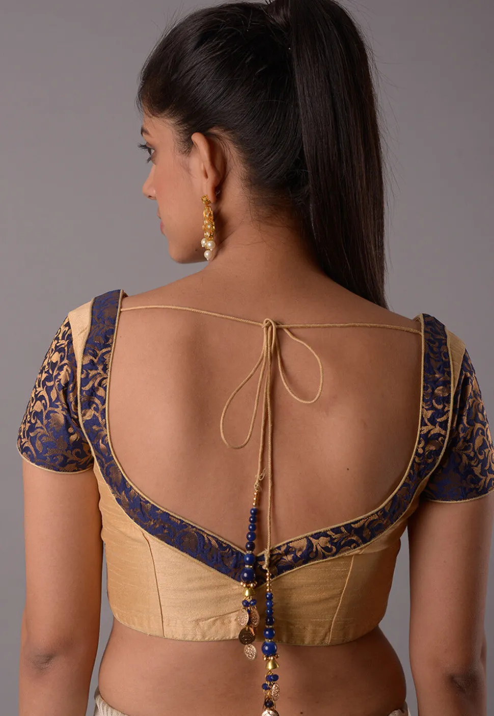 Contrast Border Art Silk Jacquard Blouse in Beige And Navy Blue