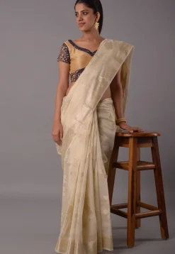 Contrast Border Art Silk Jacquard Blouse in Beige And Navy Blue