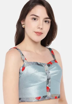 Contrast Border Art Silk Blouse in Sky Blue